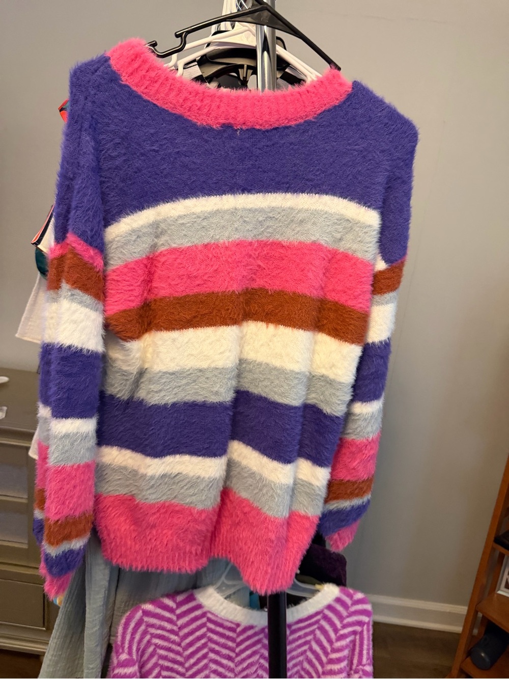 Cozy Fuzzy Striped Women's Sweater - Pink, Purple, White & Brown